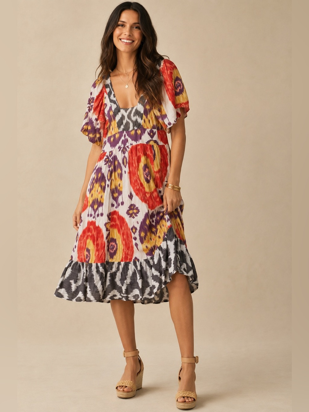 Anthropologie C. Keer Persian Moon Dress Ikat Women M Cream Wool Blend